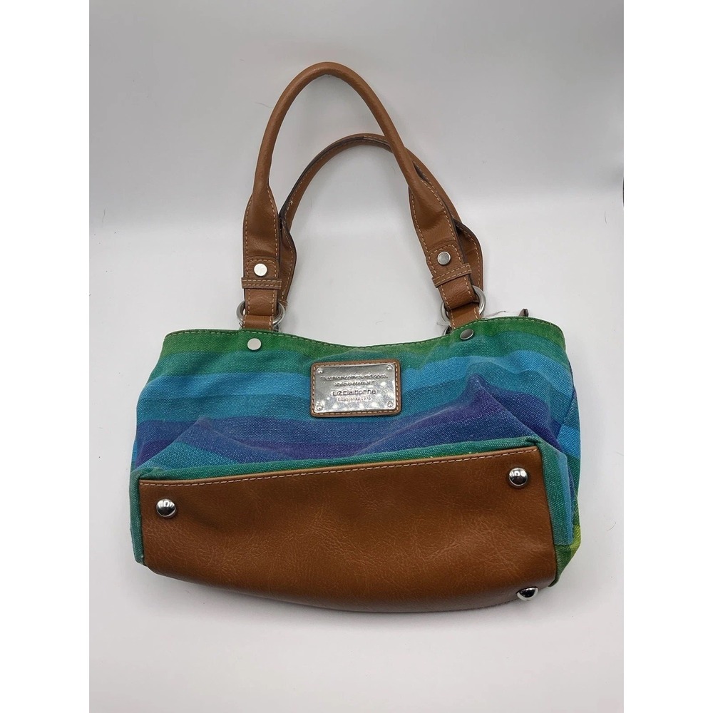 Liz Claiborne Canvas & Faux Leather Shoulder Bag‎ Purse Blue Green Brown